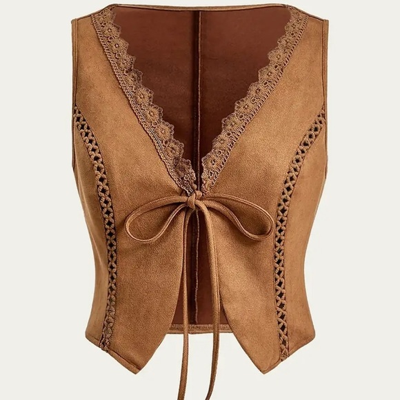 Cognac Brown Lace-Up Faux Suede Faux Leather Vest - medium - western boho - Picture 1 of 5